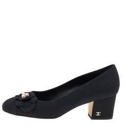 Pre Owned Chanel Black Fabric Camellia CC Block Heel Pumps Size 37.5