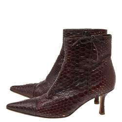 Chanel Dark Brown Python Leather Pointed Toe Ankle Length Boots Size 38.5