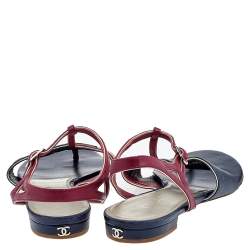 Chanel Burgundy/Black Leather CC T-Strap Sandals Size 39.5