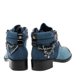 Chanel Blue/Black Wool and Patent Leather Paris Salzburg Charm Ankle Boots Size 37.5