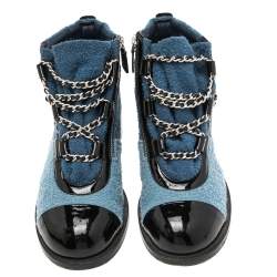 Chanel Blue/Black Wool and Patent Leather Paris Salzburg Charm Ankle Boots Size 37.5
