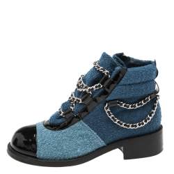 Chanel Blue/Black Wool and Patent Leather Paris Salzburg Charm Ankle Boots Size 37.5