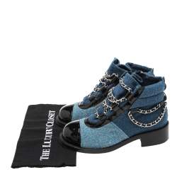 Chanel Blue/Black Wool and Patent Leather Paris Salzburg Charm Ankle Boots Size 37.5