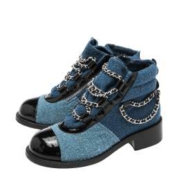 Chanel Blue/Black Wool and Patent Leather Paris Salzburg Charm Ankle Boots Size 37.5