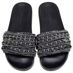 مملوكة مسبقًا Chanel Grey/Black Tweed And Leather Tropiconic Chain Detail Slides Size 38