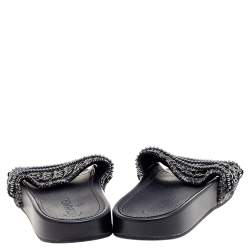 مملوكة مسبقًا Chanel Grey/Black Tweed And Leather Tropiconic Chain Detail Slides Size 38