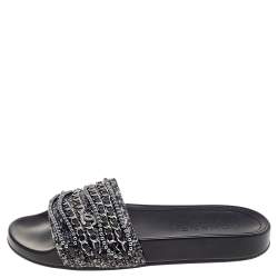 مملوكة مسبقًا Chanel Grey/Black Tweed And Leather Tropiconic Chain Detail Slides Size 38