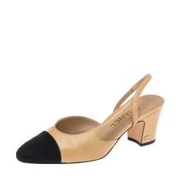 Chanel Beige/Black Fabric and Leather Cap Toe Slingback Sandals
