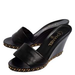 Pre Owned Chanel Black Leather Chain Wedge Sandals Size 39