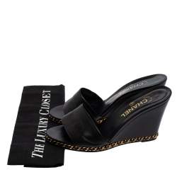 Pre Owned Chanel Black Leather Chain Wedge Sandals Size 39