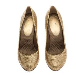 Pre Owned Chanel Gold Sequins Round Toe Pumps 37.5
