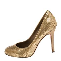 Pre Owned Chanel Gold Sequins Round Toe Pumps 37.5