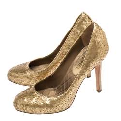 Pre Owned Chanel Gold Sequins Round Toe Pumps 37.5