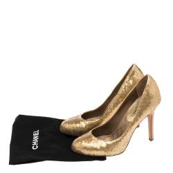 Pre Owned Chanel Gold Sequins Round Toe Pumps 37.5