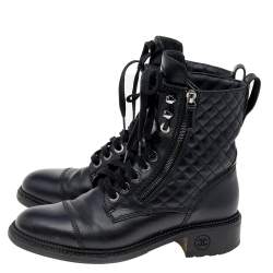 Chanel Black Quilted Leather Biker Boots Size 39