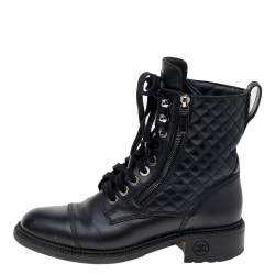 Chanel Black Quilted Leather Biker Boots Size 39