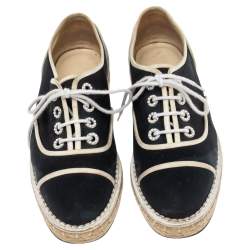Pre Owned Chanel Navy Blue/Beige Suede And Canvas CC Cap Toe Espadrille Flats Size 37