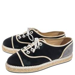 Pre Owned Chanel Navy Blue/Beige Suede And Canvas CC Cap Toe Espadrille Flats Size 37