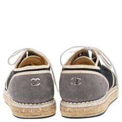 Pre Owned Chanel Navy Blue/Beige Suede And Canvas CC Cap Toe Espadrille Flats Size 37