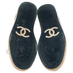 Pre Owned Chanel Navy Blue/Beige Suede And Canvas CC Cap Toe Espadrille Flats Size 37