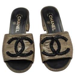 مملوكة مسبقًا Chanel Gold/Black Suede  CC Logo Slide Sandals Size 36