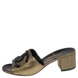 مملوكة مسبقًا Chanel Gold/Black Suede  CC Logo Slide Sandals Size 36