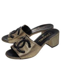 مملوكة مسبقًا Chanel Gold/Black Suede  CC Logo Slide Sandals Size 36