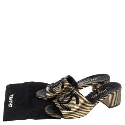 مملوكة مسبقًا Chanel Gold/Black Suede  CC Logo Slide Sandals Size 36