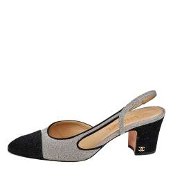 مملوكة مسبقًا Chanel Silver/Black Glitter And Leather Slingback Block Heel Sandals Size 39