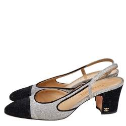 مملوكة مسبقًا Chanel Silver/Black Glitter And Leather Slingback Block Heel Sandals Size 39