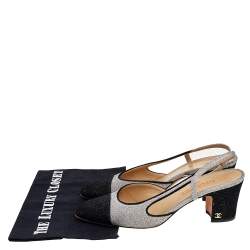 مملوكة مسبقًا Chanel Silver/Black Glitter And Leather Slingback Block Heel Sandals Size 39