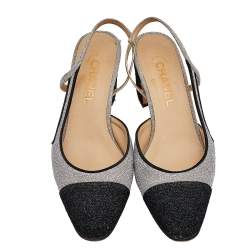 مملوكة مسبقًا Chanel Silver/Black Glitter And Leather Slingback Block Heel Sandals Size 39