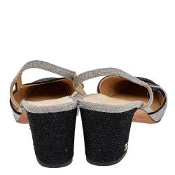 مملوكة مسبقًا Chanel Silver/Black Glitter And Leather Slingback Block Heel Sandals Size 39