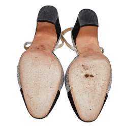 مملوكة مسبقًا Chanel Silver/Black Glitter And Leather Slingback Block Heel Sandals Size 39