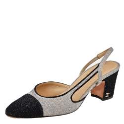 مملوكة مسبقًا Chanel Silver/Black Glitter And Leather Slingback Block Heel Sandals Size 39