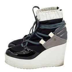 Chanel White/Black Patent Leather And Fabric Lace Up Wedge Platform Boots Size 38.5