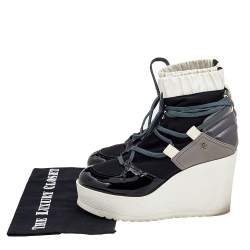 Chanel White/Black Patent Leather And Fabric Lace Up Wedge Platform Boots Size 38.5