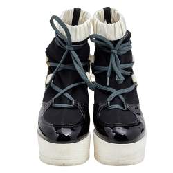Chanel White/Black Patent Leather And Fabric Lace Up Wedge Platform Boots Size 38.5