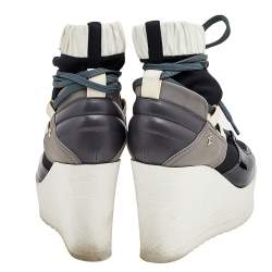 Chanel White/Black Patent Leather And Fabric Lace Up Wedge Platform Boots Size 38.5