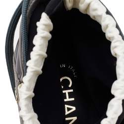 Chanel White/Black Patent Leather And Fabric Lace Up Wedge Platform Boots Size 38.5