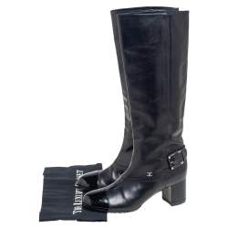 Chanel Black Leather And Patent Leather CC Cap Toe Knee Length Boots Size 37.5
