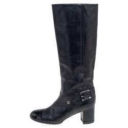 Chanel Black Leather And Patent Leather CC Cap Toe Knee Length Boots Size 37.5