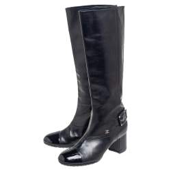 Chanel Black Leather And Patent Leather CC Cap Toe Knee Length Boots Size 37.5