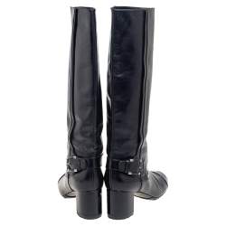 Chanel Black Leather And Patent Leather CC Cap Toe Knee Length Boots Size 37.5