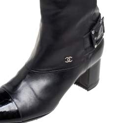 Chanel Black Leather And Patent Leather CC Cap Toe Knee Length Boots Size 37.5