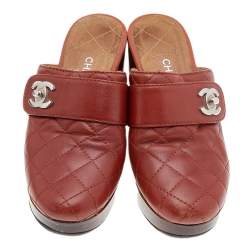 Chanel Brown Quilted Leather CC Turnlock Platform Block Heel Mules Sandals Size 37