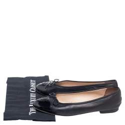 Pre Owned Chanel Black Leather CC Cap Toe Bow Ballet Flats Size 38.5