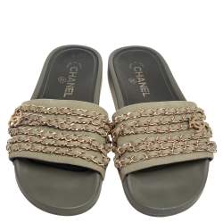 مملوكة مسبقًا Chanel Khaki Green Fabric Tropiconic Chain Detail Flat Slide Sandals Size 38