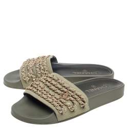 مملوكة مسبقًا Chanel Khaki Green Fabric Tropiconic Chain Detail Flat Slide Sandals Size 38