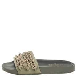 مملوكة مسبقًا Chanel Khaki Green Fabric Tropiconic Chain Detail Flat Slide Sandals Size 38